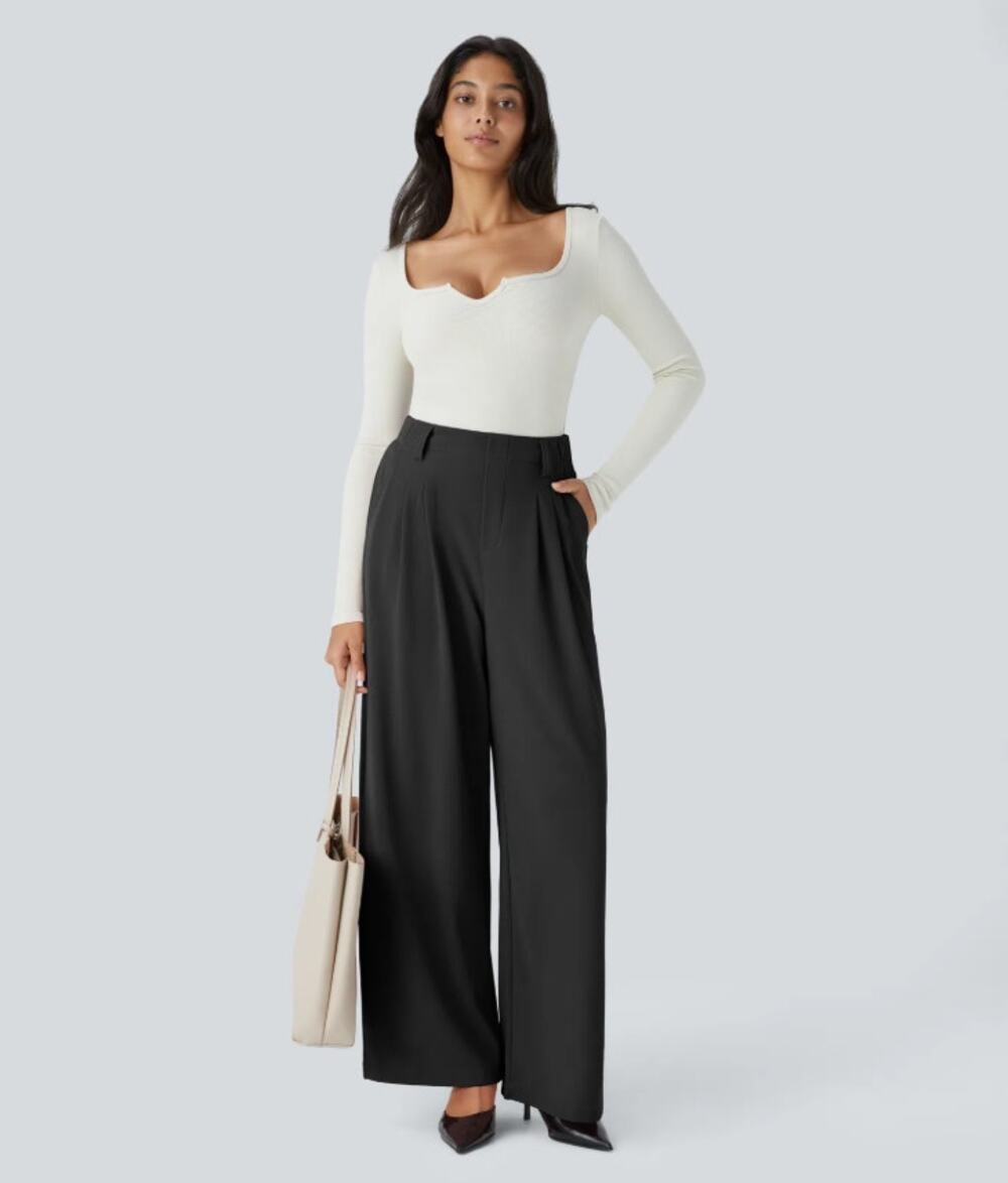 Halara Flex Waffle Wide Leg Work Pants Women L Regular Brown High Waist